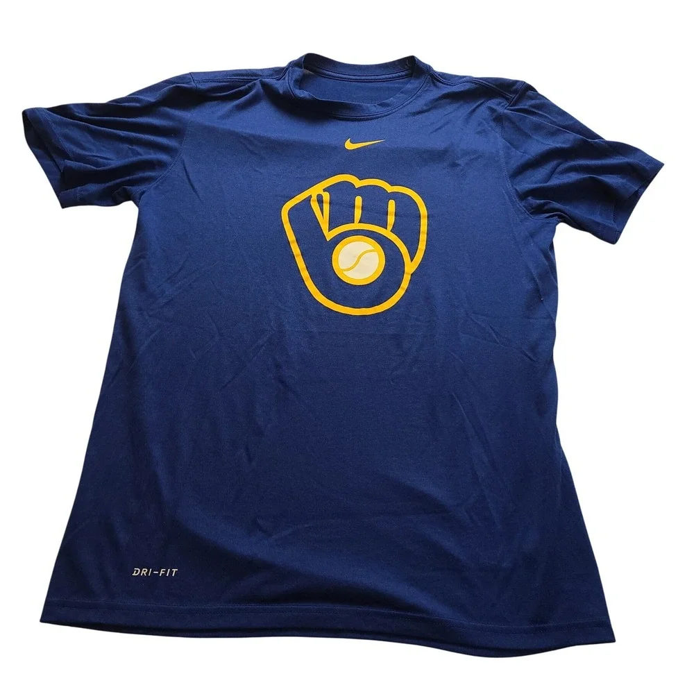 Nike Milwaukee Brewers Dri-FIT T-Shirt Men's Medium Blue Glove Logo Athletic Cut